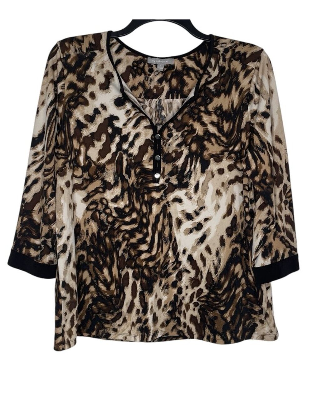 NY Collection Womens Blouse Size XL Animal Print V-Neck 3/4 Sleeves Pullover